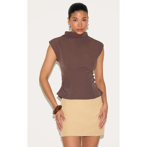 Chocolate Ruched Woven Shoulder Pad Top