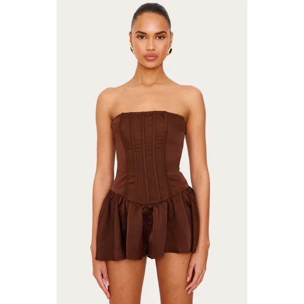 Chocolate Satin Corset Detail Bandeau Romper