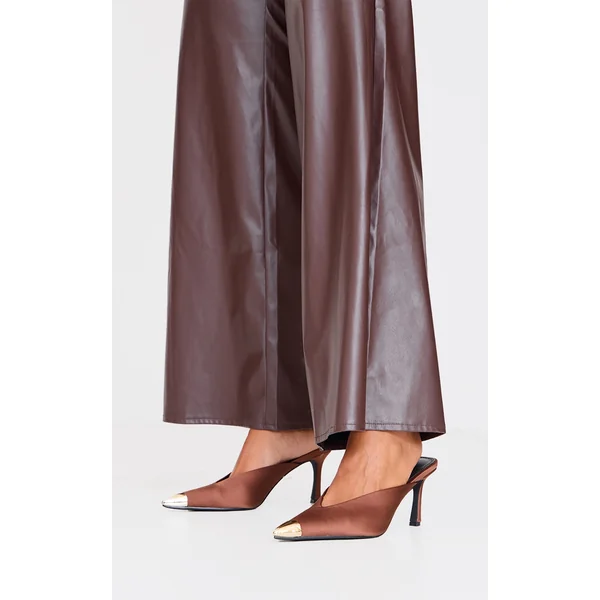 Chocolate Satin Gold Toe Cap Point Toe Heeled Mules