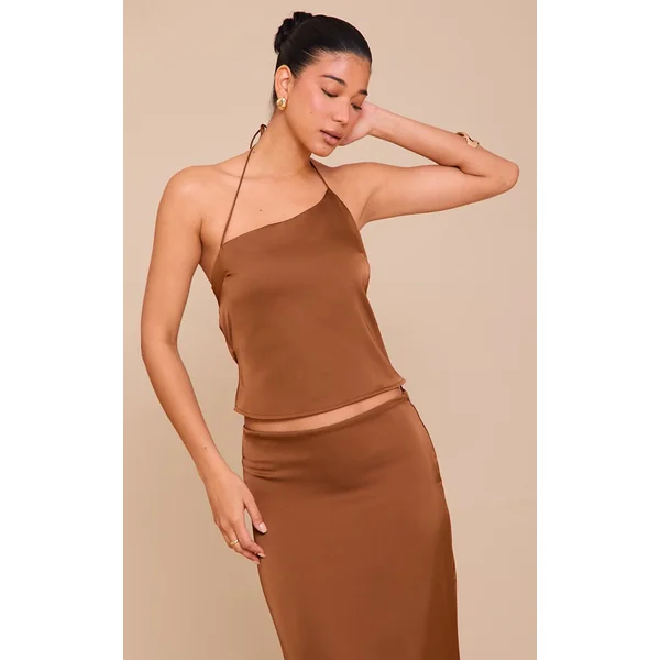 Chocolate Satin Halterneck Crop Top