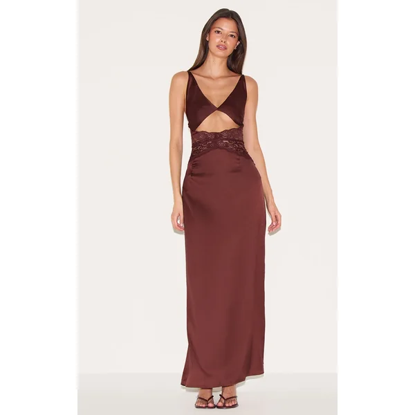 Chocolate Satin Lace Insert Maxi Dress
