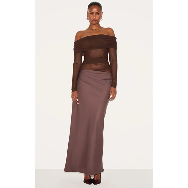 Chocolate Satin Mesh Detail Bardot Maxi Dress
