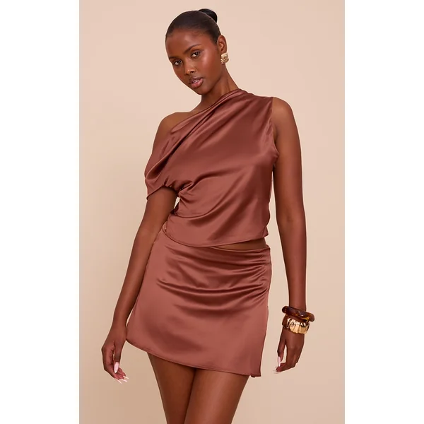 Chocolate Satin Mid Rise Floaty A Line Mini Skirt