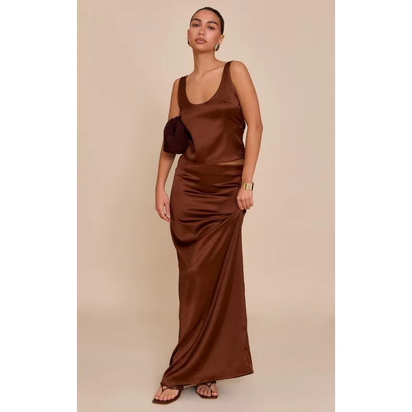 Chocolate Satin Mid Waist Maxi Skirt