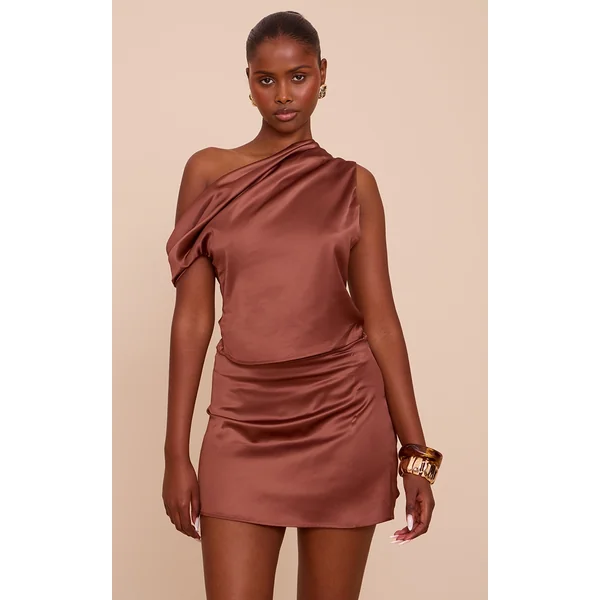 Chocolate Satin One Shoulder Cowl Asymmetrical Top