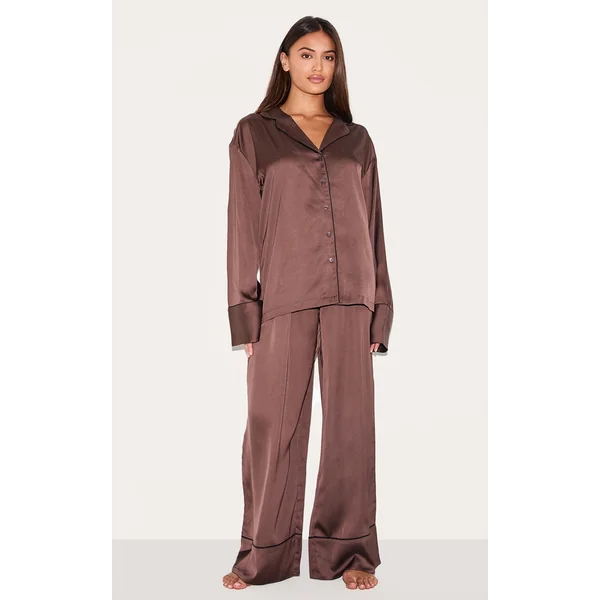 Chocolate Satin Piping Long Pj Set