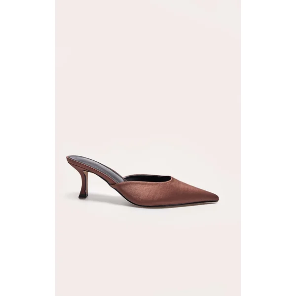 Chocolate Satin Point Toe Mid Stiletto Heeled Mules
