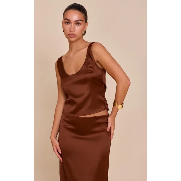 Chocolate Satin Scoop Neck Cami Top