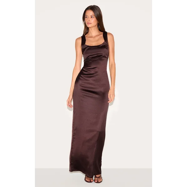 Chocolate Satin Scoop Neck Maxi Dress