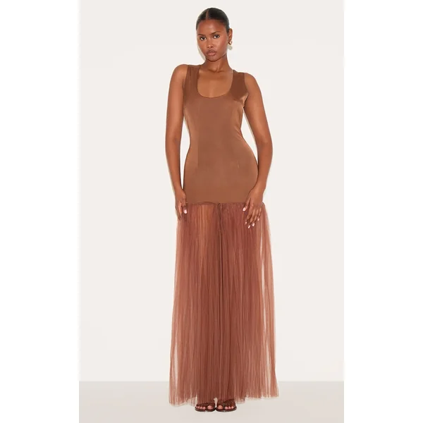 Chocolate Scoop Neck Drop Waist Maxi Dress