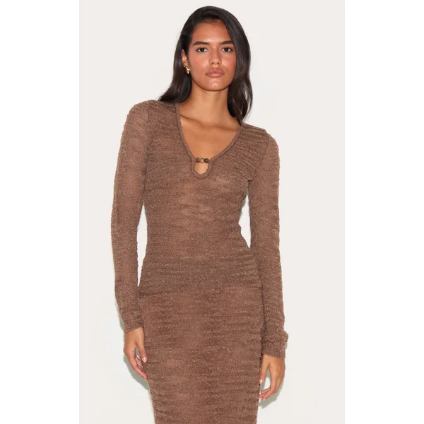 Chocolate Sheer Bobble Crochet Long Sleeve Beaded Keyhole Cut Out Top