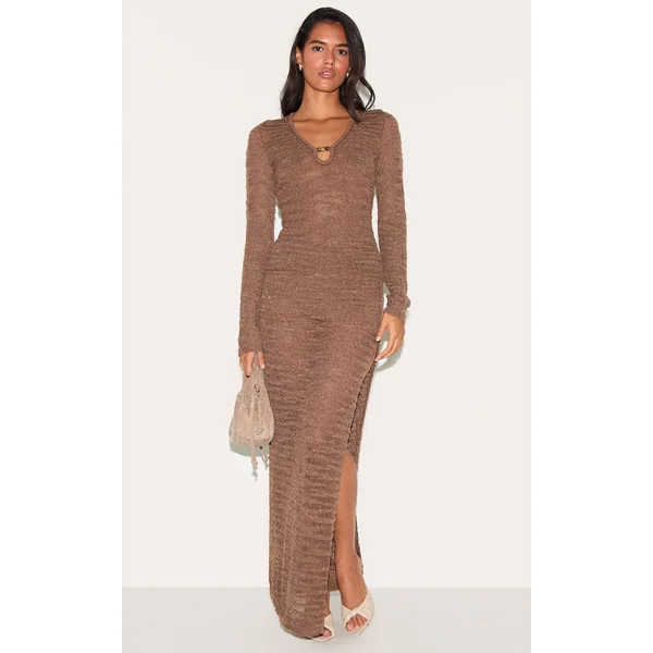 Chocolate Sheer Bobble Crochet Side Split Maxi Skirt