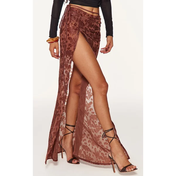 Chocolate Sheer Floral Applique Wrap Maxi Skirt