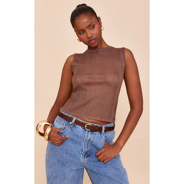 Chocolate Sheer Knit Boat Neck Top