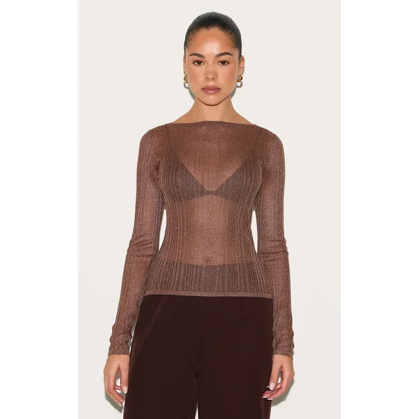 Chocolate Sheer Knit Long Sleeve Boat Neck Top