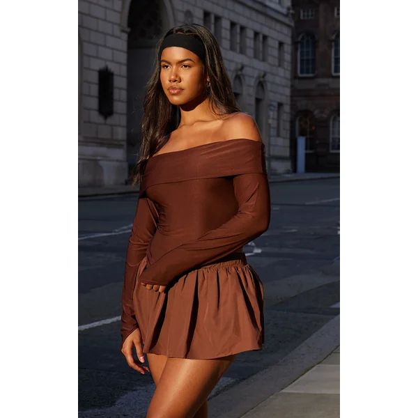 Chocolate Slinky Bardot Asymmetric Long Top