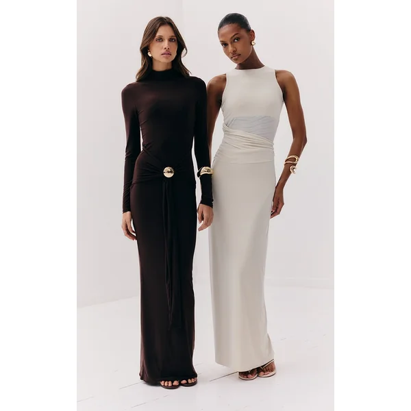 Chocolate Slinky Belt Detail Maxi Dress