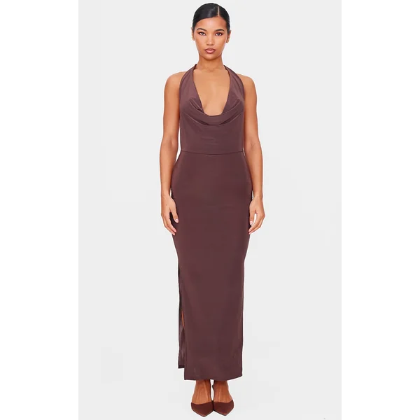 Chocolate Slinky Cowl Halterneck Maxi Dress