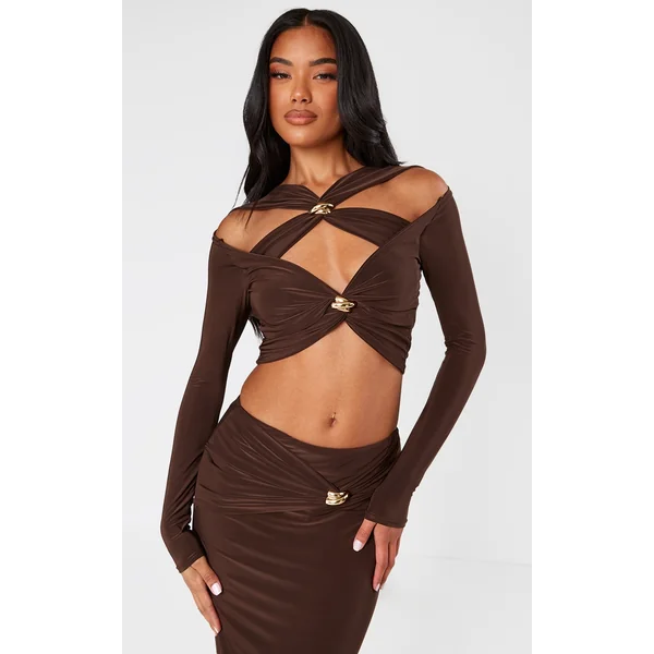 Chocolate Slinky Cut Out Long Sleeve Twist Trim Crop Top