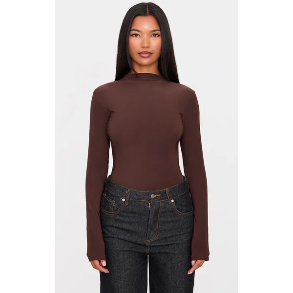 Chocolate Slinky High Neck Long Sleeve Bodysuit
