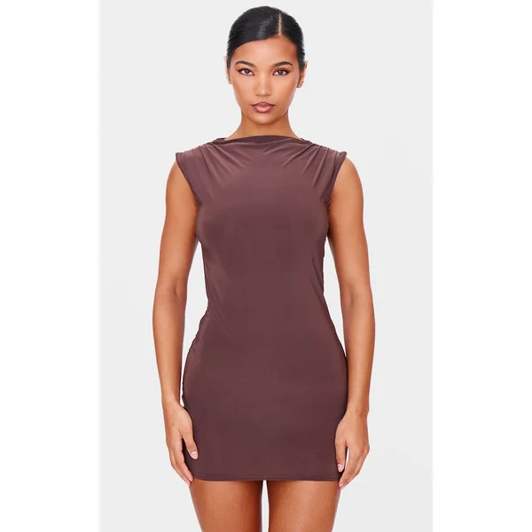 Chocolate Slinky High Neck Ruched Mini Dress