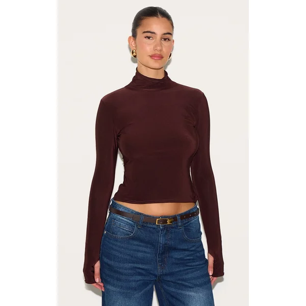 Chocolate Slinky High Neck Thumb Detail Long Sleeve Top