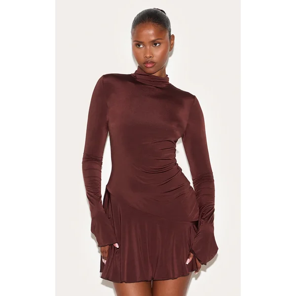 Chocolate Slinky Long Sleeve Asymmetric Hem Shift Dress