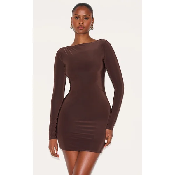 Chocolate Slinky Long Sleeve Mini Dress
