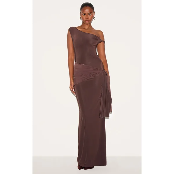Chocolate Slinky Off Shoulder Wrap Detail Maxi Dress