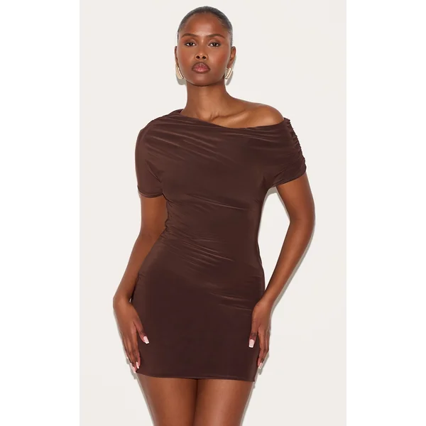 Chocolate Slinky Off The Shoulder Ruched Mini Dress