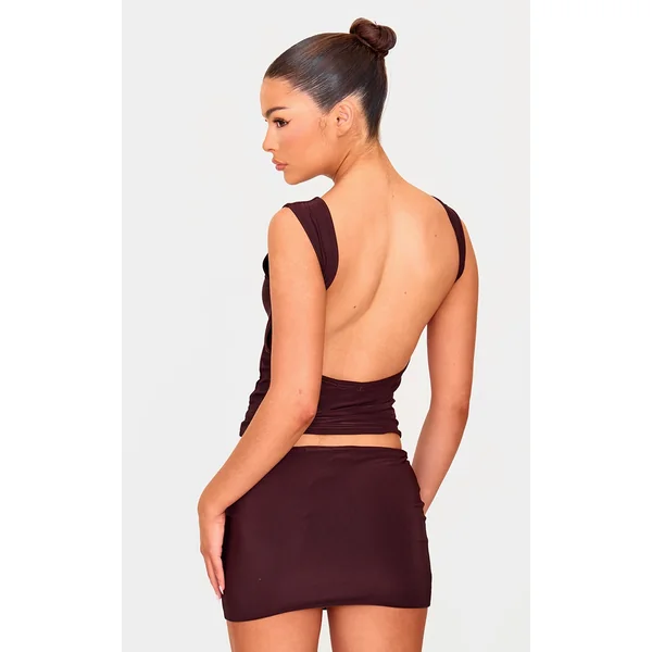 Chocolate Slinky Open Back Cap Sleeve Longline Top
