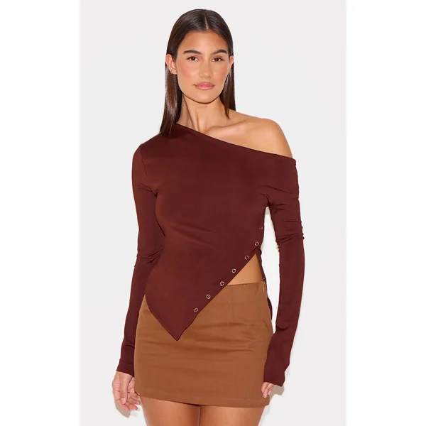 Chocolate Slinky Popper Detail Asymmetric Neck Long Sleeve Top