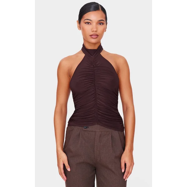 Chocolate Slinky Ruched High Neck Long Top