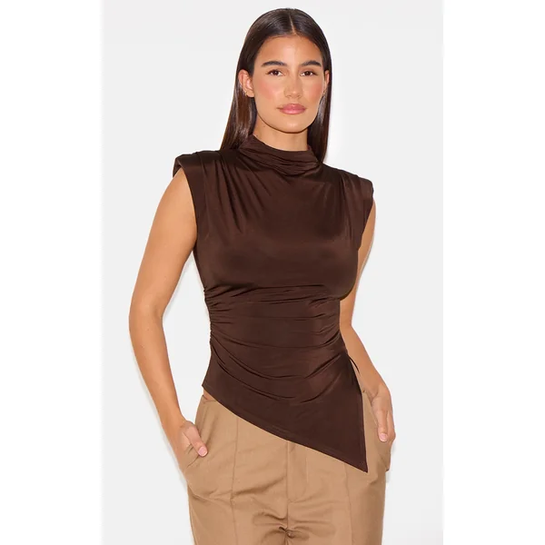 Chocolate Slinky Shoulder Detail Long Top