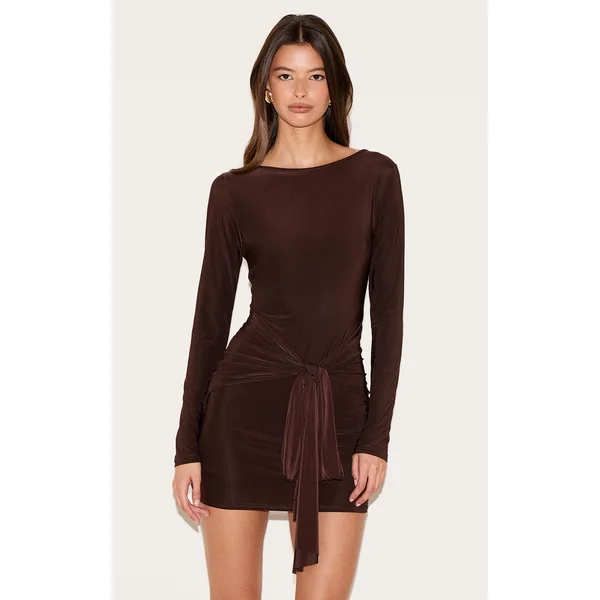 Chocolate Slinky Wrap Detail Mini Dress