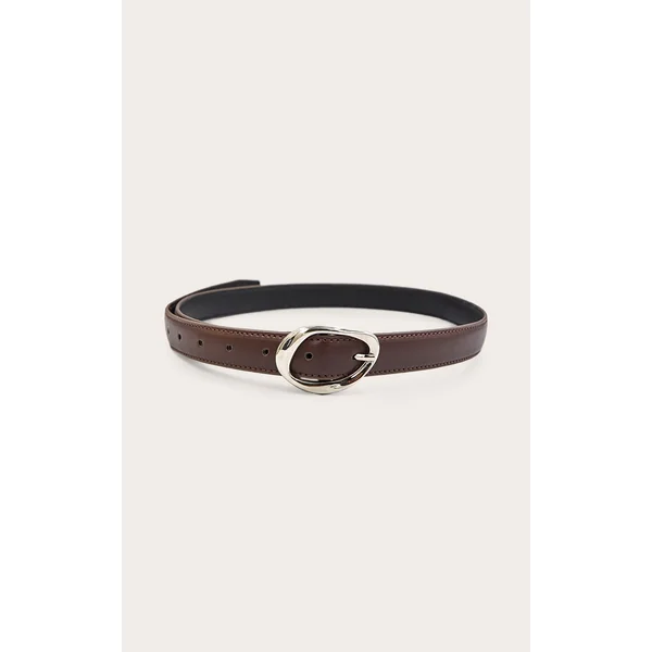 Chocolate Smooth Faux Leather Skinny Belt with Abstract Buckle Detail