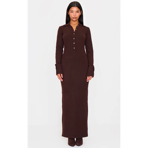 Chocolate Soft Bobble Knit Button Up Collar Detail Maxi Dress