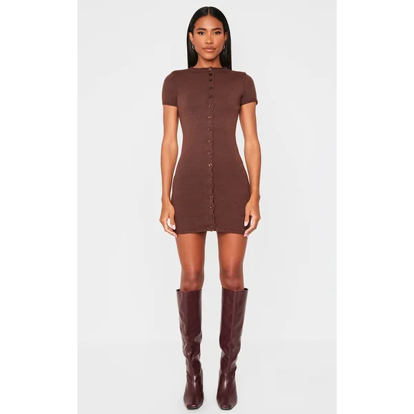 Chocolate Soft Knit Button Through Mini Dress