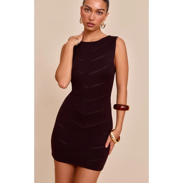 Chocolate Soft Knit Pointelle Detail Boat Neck Mini Dress