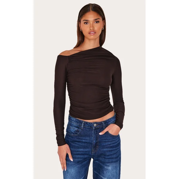 Chocolate Soft Touch Asymmetric Detail Long Sleeve Top