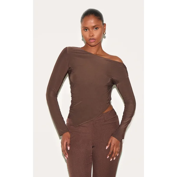 Chocolate Soft Touch Asymmetric Ruched Long Sleeve Top