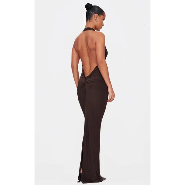 Chocolate Soft Touch Cowl Neck Twist Back Detail Maxi Dress