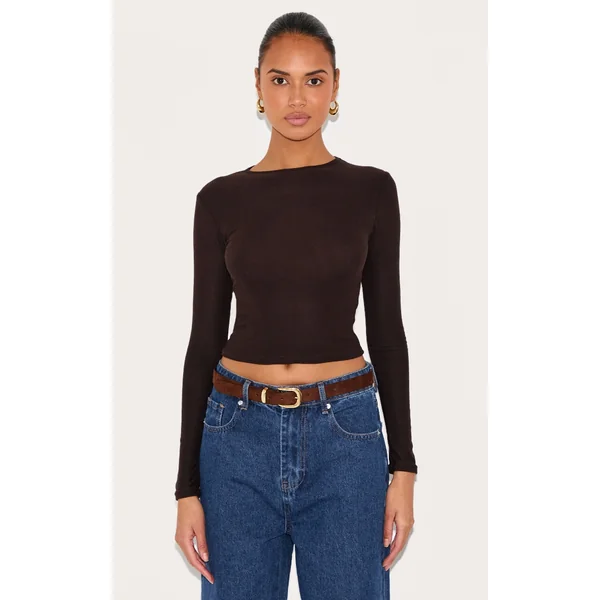 Chocolate Soft Touch Longline Sleeve Top