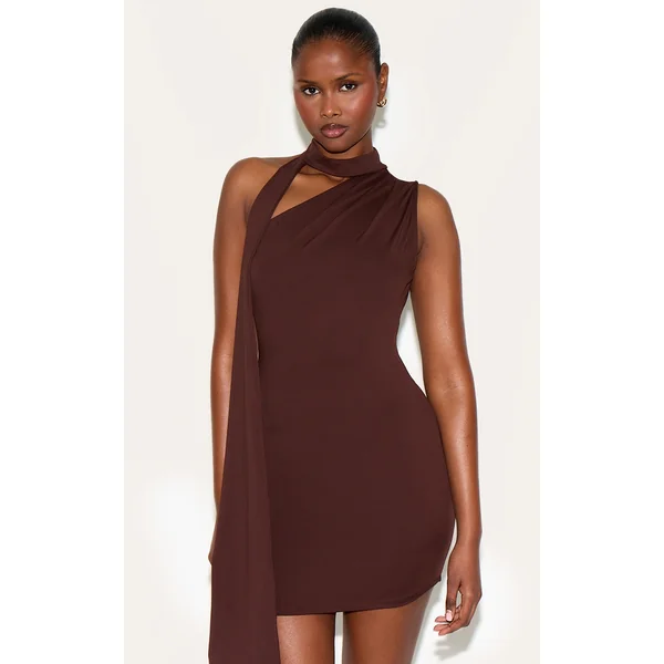 Chocolate Soft Touch One Shoulder Wrap Detail Mini Dress
