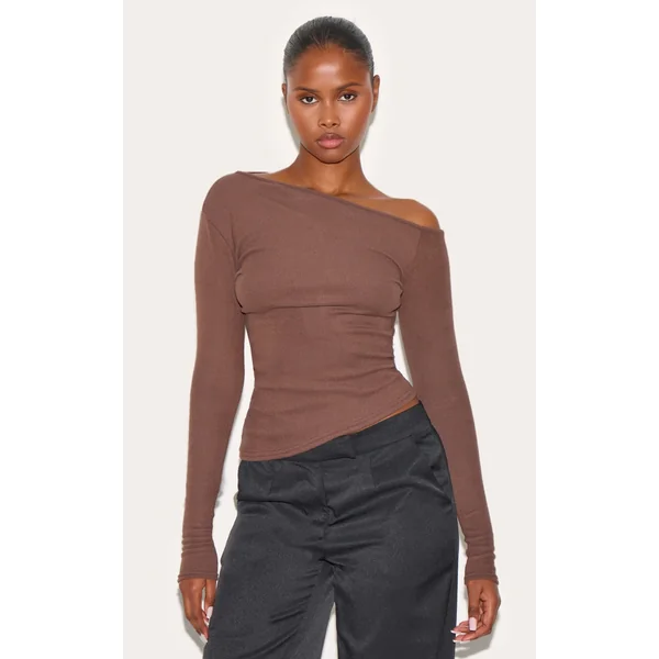 Chocolate Soft Touch Rib Asymmetric Long Sleeve Top