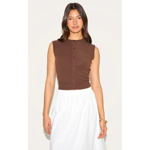 Chocolate Soft Touch Rib Button Down Sleeveless Long Top