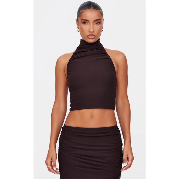Chocolate Soft Touch Ruched Halter Crop Top