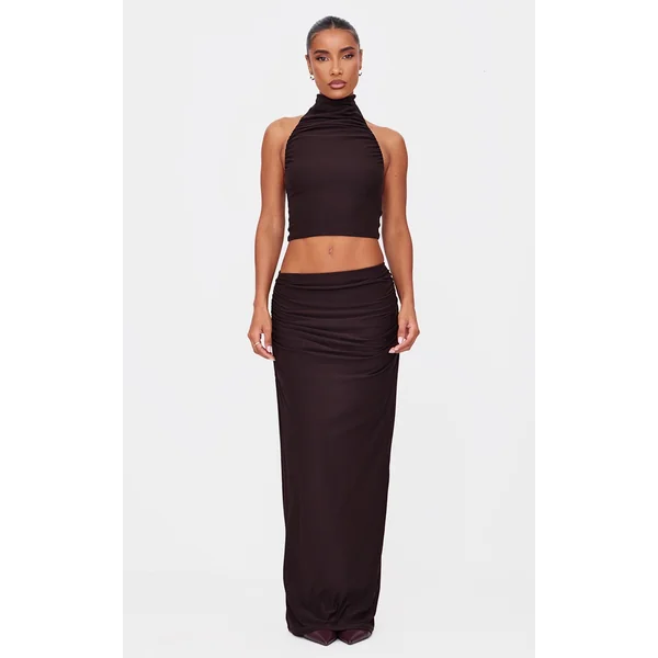 Chocolate Soft Touch Ruched Maxi Skirt