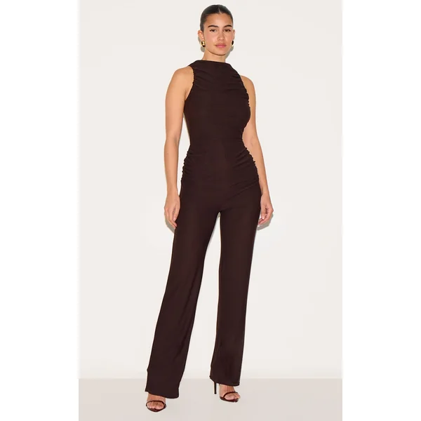 Chocolate Soft Touch Ruched Straight Leg Jumpsuit