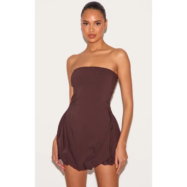 Chocolate Stretch Woven Bandeau Puffball Mini Dress